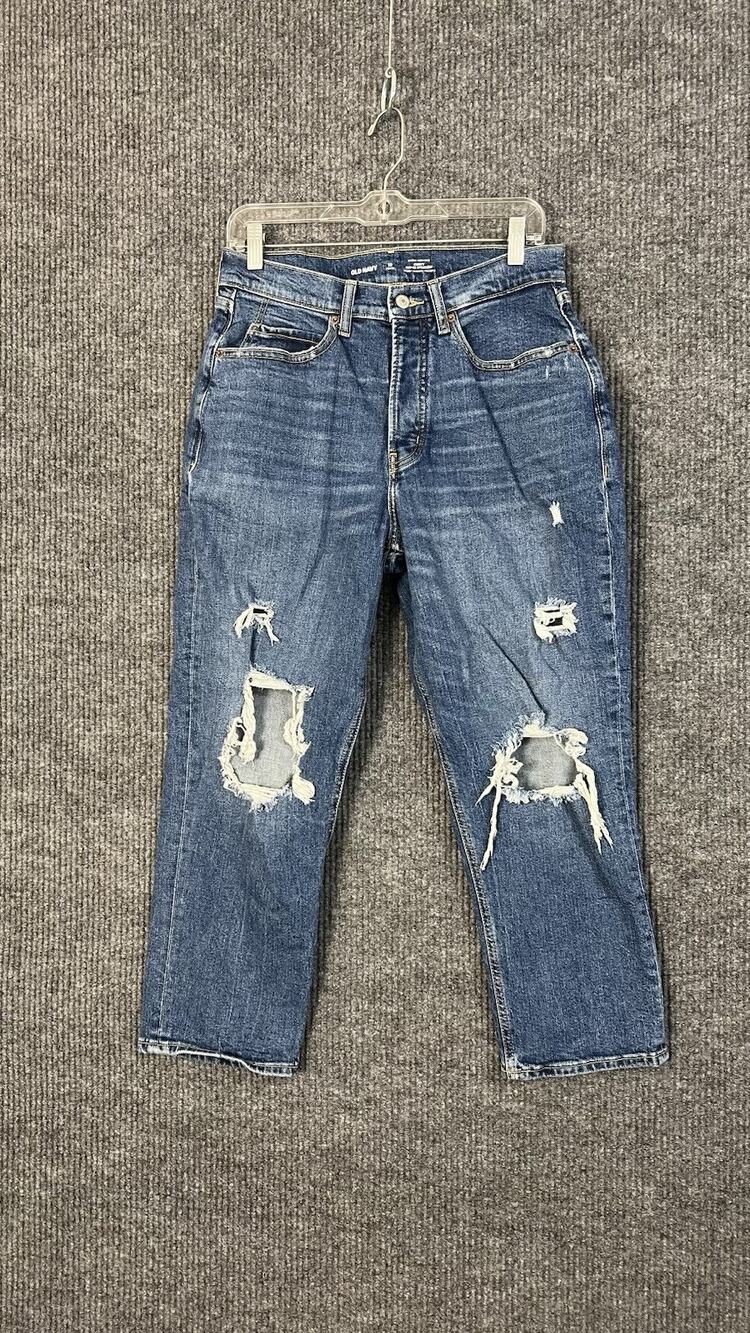 Old Navy Jeans Womens 12 Petite Blue Extra High Rise Curvy Straight Distressed